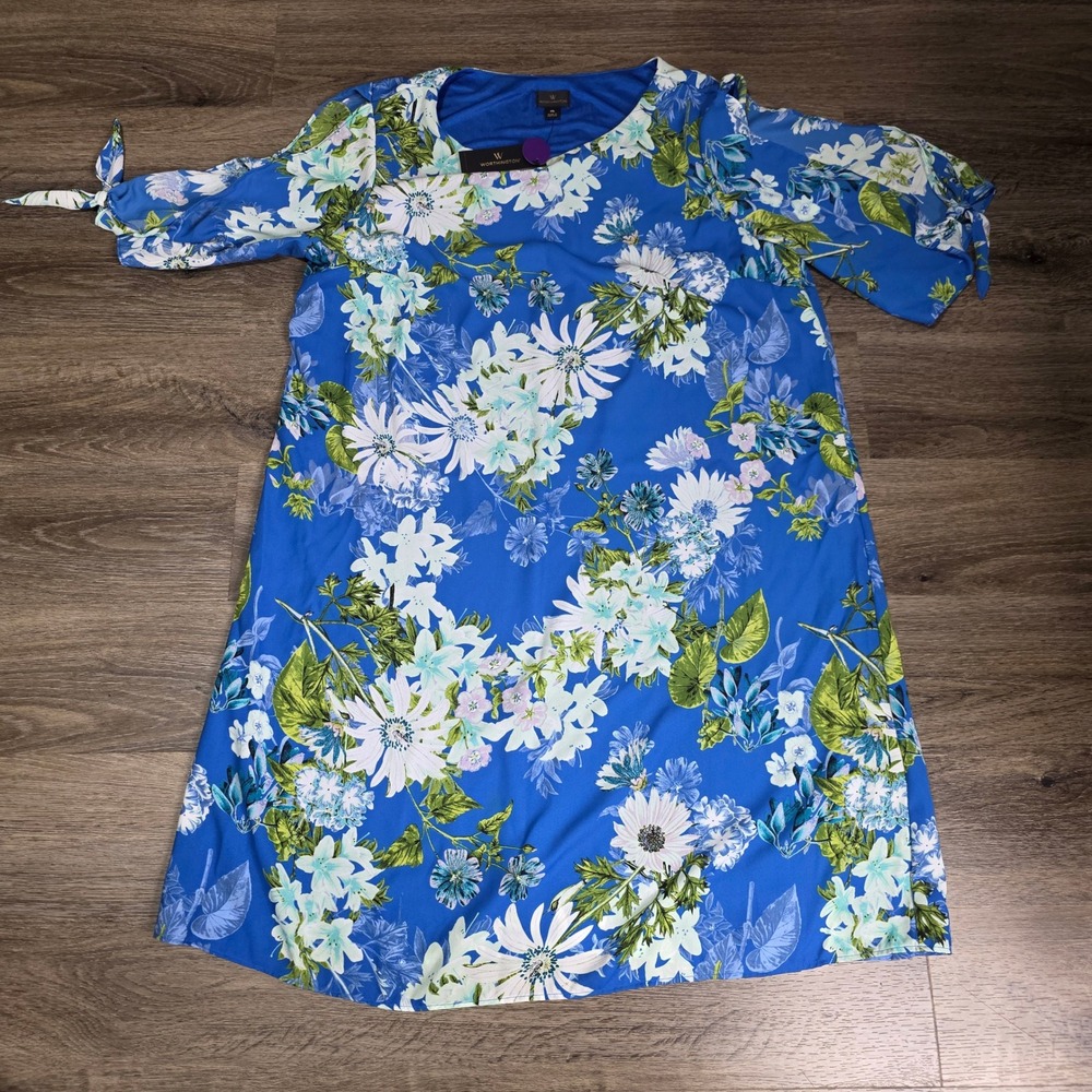 Worthington Womens XL Shift Dress Blue Giuliana Floral Cold Shoulder Tie Sleeve